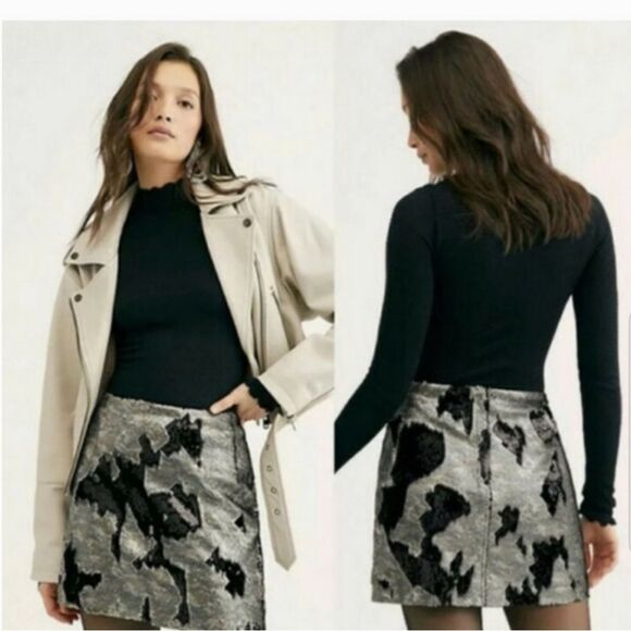 Free People FP-ONE Two Tone Camo Sequin Mini Skirt NWT Size 12 - Picture 5 of 11
